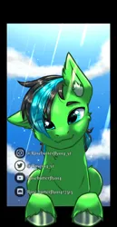 Size: 550x1062 | Tagged: safe, artist:rosebutterfly014, derpibooru import, oc, oc:thunderpierre, pegasus, pony, green skin, half body, image, png, solo, watermark, wings