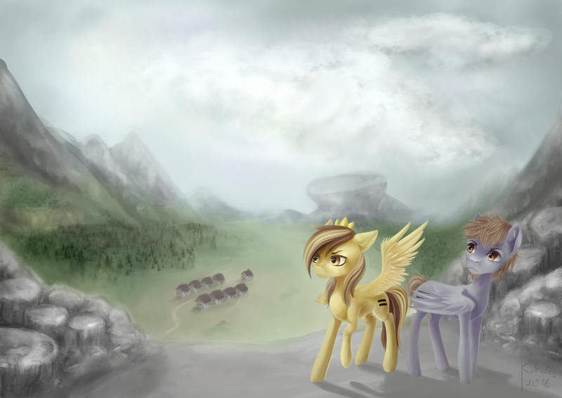 Size: 3507x2480 | Tagged: safe, artist:kukseleg, derpibooru import, oc, oc:prince whateverer, unofficial characters only, pegasus, pony, duo, equal cutie mark, frown, high res, image, male, our town, png, scenery, stallion