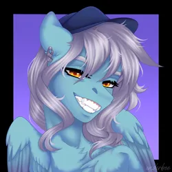 Size: 2048x2048 | Tagged: safe, artist:enderbee, derpibooru import, oc, oc:ice, pegasus, pony, bust, chest fluff, commission, ear piercing, earring, fangs, female, hat, image, jewelry, lidded eyes, mare, piercing, png, portrait, purple background, raised hoof, simple background, smiling, solo, teeth, wings