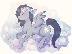 Size: 1330x1000 | Tagged: safe, artist:milkrainn, derpibooru import, oc, oc:vylet, unofficial characters only, pegasus, pony, cloud, embarrassed, eyes closed, floral head wreath, flower, image, lying down, on a cloud, png, profile, prone, simple background, smiling, solo, white background