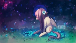 Size: 1280x720 | Tagged: safe, artist:milkrainn, derpibooru import, fluttershy, pegasus, pony, crying, female, flower, flower in hair, image, jpeg, long mane, mare, meadow, sad, solo, stars