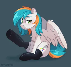 Size: 2184x2074 | Tagged: safe, artist:skysorbett, derpibooru import, oc, oc:twister joy, unofficial characters only, pegasus, pony, chest fluff, clothes, image, latex, latex socks, male, pegasus oc, png, simple background, socks, stallion, wings