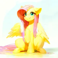 Size: 3072x3072 | Tagged: safe, derpibooru import, machine learning generated, stable diffusion, fluttershy, pegasus, pony, ai content, cute, female, generator:purplesmart.ai, image, png, reflection, simple background, sitting, solo, wet, wet hair, wet mane, white background, wings