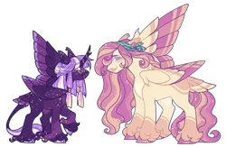 Size: 3107x2027 | Tagged: safe, artist:zemmalouz, derpibooru import, fluttershy, twilight sparkle, twilight sparkle (alicorn), alicorn, classical unicorn, pegasus, pony, unicorn, alternate design, alternate hairstyle, blushing, cloven hooves, colored wings, duo, duo female, female, height difference, horn, image, leonine tail, lesbian, looking at you, mare, multicolored wings, partially open wings, png, shipping, smiling, smiling at you, tail, tail feathers, tallershy, twishy, unshorn fetlocks, wings