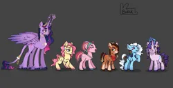 Size: 3160x1620 | Tagged: safe, artist:bobastudios13, derpibooru import, applejack, fluttershy, pinkie pie, rainbow dash, rarity, twilight sparkle, twilight sparkle (alicorn), alicorn, earth pony, pegasus, pony, unicorn, alternate design, bandana, dreadlocks, ear piercing, earring, female, glasses, gray background, grin, headband, height difference, high res, hoof fluff, horn, horn ring, image, jewelry, leonine tail, long feather, mane six, mare, necklace, open mouth, open smile, piercing, png, ring, round glasses, simple background, smiling, tail, tail ring, tongue out, twitterina design, ultimate twilight