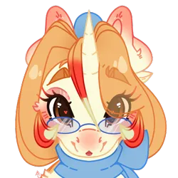 Size: 2500x2500 | Tagged: safe, artist:bananasplitedy, derpibooru import, oc, unofficial characters only, pony, unicorn, blushing, bust, clothes, female, glasses, heart, heart eyes, horn, image, looking at you, makeup, mare, png, portrait, scarf, simple background, solo, transparent background, unicorn oc, wingding eyes