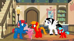 Size: 6666x3747 | Tagged: safe, artist:brightstar40k, artist:ry-bluepony1, derpibooru import, oc, oc:brightstar, oc:galaxy peach, oc:peach blossom, oc:sweetie peach, oc:train track, unofficial characters only, alicorn, earth pony, unicorn, image, png