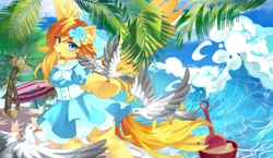 Size: 5160x3000 | Tagged: safe, artist:alus, derpibooru import, oc, oc:mercy snow, unofficial characters only, bird, pegasus, pony, seagull, beach, beach umbrella, bowtie, bucket, clothes, coconut, cute, dress, female, food, happy, image, looking at you, open mouth, palm tree, pegasus oc, plant, png, raised hoof, sand, shadow, shovel, solo, solo female, spread wings, standing on two hooves, summer, toy, tree, umbrella, wave, wings