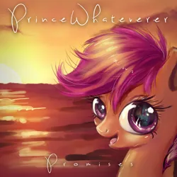 Size: 1080x1080 | Tagged: safe, artist:chocori, derpibooru import, rainbow dash, scootaloo, pegasus, pony, bust, eye reflection, female, filly, foal, image, jpeg, ocean, open mouth, open smile, princewhateverer, reflection, smiling, song cover, sunset, water