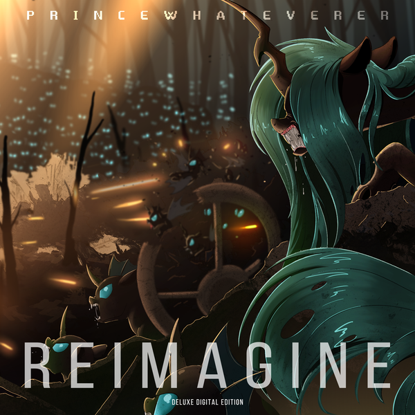 Size: 2000x2000 | Tagged: safe, artist:ncmares, derpibooru import, queen chrysalis, changeling, changeling queen, pony, album cover, army, crouching, dead tree, female, gunfire, hair over eyes, high res, horde, image, png, princewhateverer, snarling, tree, war