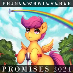 Size: 1500x1500 | Tagged: safe, artist:nemu majo, derpibooru import, rainbow dash, scootaloo, pegasus, pony, cloud, duo, female, filly, foal, image, jpeg, looking up, mare, princewhateverer, rainbow trail, scooter, sky, song cover, tree