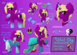 Size: 7000x5000 | Tagged: safe, artist:spiroudada, derpibooru import, oc, oc:velvet sky, pony, unicorn, baby, baby pony, bow, clothes, colt, crossdressing, cute, dress, eyelashes, femboy, foal, gothic lolita, gradient background, image, male, png, reference sheet, solo, stallion, teenager