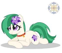 Size: 1571x1347 | Tagged: safe, artist:r4hucksake, derpibooru import, oc, oc:primrose medley, earth pony, pony, female, flower, flower in hair, image, lying down, mare, png, prone, simple background, solo, transparent background
