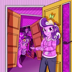 Size: 2500x2500 | Tagged: safe, artist:sixes&sevens, derpibooru import, screwball, earth pony, pony, fanfic:the sunset archives, equestria girls, clothes, door, fanfic art, hat, hoodie, image, looking at you, png, propeller hat, self paradox, self ponidox, smiling, smiling at you, the distortion, the magnus archives