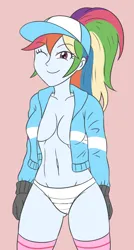 Size: 1483x2763 | Tagged: suggestive, artist:sumin6301, derpibooru import, edit, rainbow dash, equestria girls, arms at side, black gloves, blue hat, blue jacket, braless, breasts, busty rainbow dash, cameltoe, closed smile, clothes, ear, ears, eyebrows, eyebrows visible through hair, eyelashes, gloves, hands at side, happy, hat, image, jacket, light blue jacket, looking at you, multicolored hair, no pants, one eye closed, panties, pink background, pink socks, png, ponytail, rainbow hair, red stripe on socks, simple background, smiling, smiling at you, socks, standing up, stupid sexy rainbow dash, thighs, underwear, underwear edit, white panties, wink