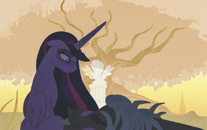 Size: 699x441 | Tagged: safe, artist:bearmation, derpibooru import, discord, fluttershy, twilight sparkle, twilight sparkle (alicorn), alicorn, fanfic, g5, spoiler:g5comic, bittersweet, crying, death, fanfic art, future twilight, image, immortality, immortality blues, old man discord, png, sad, statue, tears of joy, tree