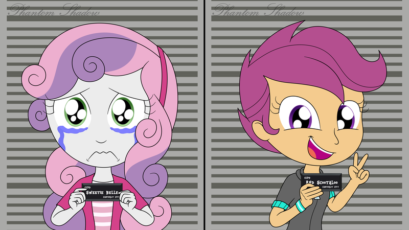 Size: 4800x2700 | Tagged: safe, artist:phantomshadow051, derpibooru import, scootaloo, sweetie belle, human, equestria girls, arrested, barbie, barbie (film), barbie mugshot meme, crying, cute, digital art, duo, duo female, english, female, image, indoors, jail, lesbian, meme, mugshot, open mouth, open smile, png, prison, scootabelle, shipping, signature, smiling, text, varying degrees of amusement