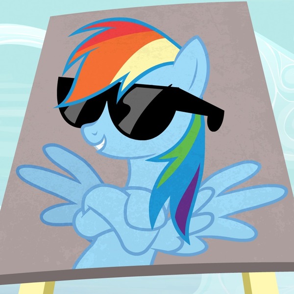 Size: 1080x1080 | Tagged: safe, derpibooru import, official, screencap, rainbow dash, pegasus, pony, fame and misfortune, season 7, 20% cooler, crossed hooves, female, image, jpeg, mare, smiling, solo, spread wings, sunglasses, wings