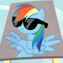 Size: 1080x1080 | Tagged: safe, derpibooru import, official, screencap, rainbow dash, pegasus, pony, fame and misfortune, season 7, 20% cooler, crossed hooves, female, image, jpeg, mare, smiling, solo, spread wings, sunglasses, wings