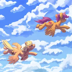 Size: 1445x1447 | Tagged: safe, artist:kaermter, derpibooru import, scootaloo, oc, oc:waveform, pegasus, pony, cloud, duo, female, flying, image, looking at someone, male, mare, png, scootaloo can fly, sky, stallion