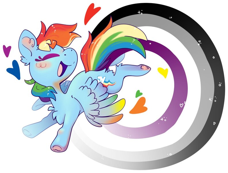 Size: 1280x970 | Tagged: safe, alternate version, artist:cutepencilcase, derpibooru import, rainbow dash, pegasus, pony, asexual pride flag, eyes closed, heart, image, jpeg, mouthpiece, politics, pride, pride flag, simple background, smiling, solo, white background