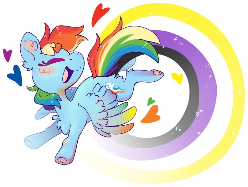 Size: 1280x970 | Tagged: safe, alternate version, artist:cutepencilcase, derpibooru import, rainbow dash, pegasus, pony, eyes closed, heart, image, jpeg, mouthpiece, nonbinary pride flag, politics, pride, pride flag, simple background, smiling, solo, white background