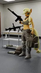 Size: 2160x3840 | Tagged: safe, artist:lumimation, derpibooru import, applejack, anthro, 3d, abs, armor, blender, clothes, fantasy class, fit, gun, high res, image, looking at you, m240b, m4a1, military, military uniform, plate carrier, png, suppressor, uniform, warrior, weapon