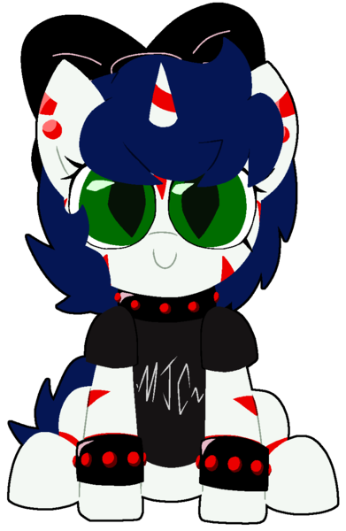 Size: 822x1261 | Tagged: safe, artist:yamston, derpibooru import, oc, oc:yancy greenfield, unofficial characters only, hybrid, pony, unicorn, fanfic:living the dream, 2023, blue hair, bow, bracelet, clothes, collar, cute, ear piercing, fanfic art, female, filly, foal, goth, green eyes, hair bow, horn, hybrid oc, image, jewelry, looking at you, parent:oc:lance greenfield, parent:oc:yamston crowe, piercing, png, red stripes, shirt, simple background, slit pupils, solo, stripes, studded bracelet, transparent background, two toned coat, white coat