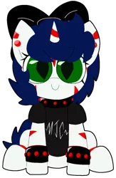 Size: 822x1261 | Tagged: safe, artist:yamston, derpibooru import, oc, oc:yancy greenfield, unofficial characters only, hybrid, pony, unicorn, fanfic:living the dream, 2023, blue hair, bow, bracelet, clothes, collar, cute, ear piercing, fanfic art, female, filly, foal, goth, green eyes, hair bow, horn, hybrid oc, image, jewelry, looking at you, parent:oc:lance greenfield, parent:oc:yamston crowe, piercing, png, red stripes, shirt, simple background, slit pupils, solo, stripes, studded bracelet, transparent background, two toned coat, white coat