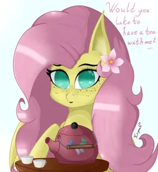 Size: 3440x3740 | Tagged: safe, artist:krymak, derpibooru import, fluttershy, flower, flower in hair, food, image, png, simple background, talking to viewer, tea