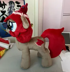 Size: 1994x2048 | Tagged: safe, artist:lilmoon, derpibooru import, oc, oc:coral redsea, earth pony, original species, plush pony, pony, squid, blue eyes, brown coat, commission, glasses, hat, image, jpeg, plushie, red mane, vampire squid