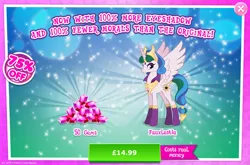 Size: 1961x1296 | Tagged: safe, derpibooru import, idw, official, princess celestia, alicorn, pony, reflections, spoiler:comic, advertisement, costs real money, crown, english, evil celestia, evil counterpart, female, gameloft, gem, horn, idw showified, image, jewelry, jpeg, mare, mirror universe, mobile game, my little pony: magic princess, numbers, regalia, sale, solo, solo focus, spread wings, text, wings