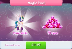 Size: 1264x855 | Tagged: safe, derpibooru import, idw, official, princess celestia, alicorn, pony, reflections, spoiler:comic, bundle, costs real money, crown, english, evil celestia, evil counterpart, female, gameloft, gem, horn, idw showified, image, jewelry, jpeg, mare, mirror universe, mobile game, my little pony: magic princess, numbers, regalia, sale, solo, solo focus, spread wings, text, wings