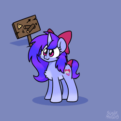Size: 1000x1000 | Tagged: safe, artist:sugar morning, derpibooru import, oc, oc:qular, unofficial characters only, pony, unicorn, animated, bow, cartoon physics, cartoon violence, chest fluff, commission, cute, female, flattened, frame by frame, gif, hair bow, horn, image, indestructible, loop, mare, open mouth, perfect loop, purple, sign, simple background, slapstick, smiling, solo, tongue out, underhoof