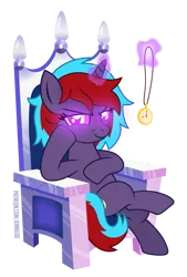 Size: 677x1000 | Tagged: safe, artist:jennieoo, derpibooru import, oc, oc:charming dazz, unofficial characters only, pony, unicorn, crossed hooves, crossed legs, evil grin, glow, glowing eyes, glowing horn, grin, horn, hypnosis, image, looking at you, magic, patreon, patreon reward, png, pocket watch, show accurate, simple background, smiling, smiling at you, smirk, solo, transparent background, vector