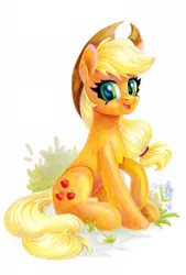 Size: 812x1200 | Tagged: safe, artist:maytee, derpibooru import, applejack, earth pony, pony, colored pencil drawing, commission, image, png, sitting, smiling, solo, traditional art