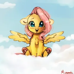 Size: 4000x4000 | Tagged: safe, artist:miokomata, derpibooru import, fluttershy, pegasus, pony, absurd resolution, blushing, cloud, cute, female, floppy ears, freckles, freckleshy, frog (hoof), image, looking at you, mare, on a cloud, open mouth, open smile, png, shyabetes, signature, sitting, sitting on cloud, smiling, smiling at you, solo, spread wings, underhoof, wings