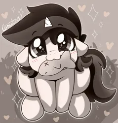 Size: 1020x1067 | Tagged: safe, artist:llametsul, derpibooru import, oc, oc:blackjack, fish, pony, unicorn, fallout equestria, fallout equestria: project horizons, atg 2023, cute, fanfic art, image, monochrome, newbie artist training grounds, png, solo, sparkles