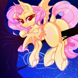 Size: 2000x2000 | Tagged: safe, artist:dankpegasista, derpibooru import, fluttershy, bat pony, pegasus, pony, bat ears, bat ponified, bat wings, chest fluff, colored eyelashes, colored lineart, colored pupils, derpibooru exclusive, detailed background, digital art, dock, fangs, flutterbat, frog (hoof), full body, heart, heart eyes, image, large butt, long eyelashes, long mane, long tail, looking at you, lying down, messy mane, night, pink hair, png, prone, quadrupedal, race swap, red eyes, smiling, smiling at you, solo, spread wings, stars, sternocleidomastoid, tail, tree, tree branch, underhoof, wingding eyes, wings, yellow coat, yellow fur