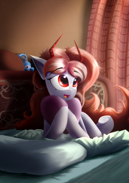 Size: 1410x2000 | Tagged: safe, artist:rainydark, derpibooru import, bed, bedroom, digital art, gift art, horn, image, laying on bed, light, light skin, looking up, lying down, on bed, open mouth, pillow, png, red eyes, smiling, soft color