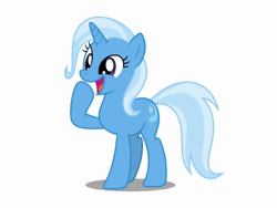 Size: 960x720 | Tagged: safe, derpibooru import, machine learning assisted, trixie, pony, unicorn, ai content, animated, eiffel 65, female, i'm blue, image, mare, open mouth, open smile, raised hoof, shadow, simple background, singing, smiling, solo, sound only, uberduck.ai, webm, white background, youtube link