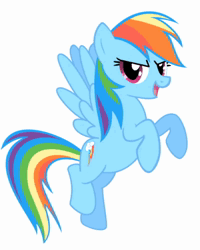 Size: 576x720 | Tagged: safe, derpibooru import, machine learning assisted, rainbow dash, pegasus, pony, ai content, animated, eiffel 65, female, flying, i'm blue, image, looking at you, mare, open mouth, open smile, simple background, singing, smiling, smiling at you, solo, sound only, spread wings, uberduck.ai, webm, white background, wings, youtube link