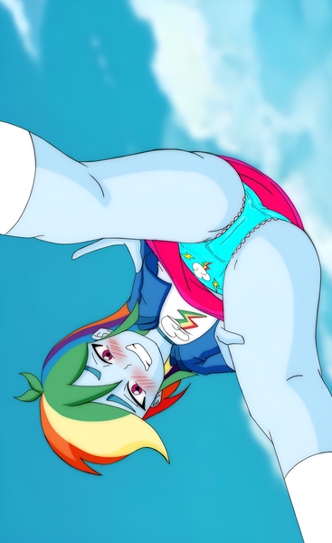 Size: 2160x3534 | Tagged: suggestive, artist:smoker, derpibooru import, edit, rainbow dash, equestria girls, blue jacket, blue skin, blushing, blushing profusely, breasts, busty rainbow dash, clothes, cloud, cutie mark, cutie mark on clothes, embarrassed, embarrassed underwear exposure, female, fetish, image, jpeg, light blue panties, looking at you, looking down, looking down at you, low angle, multicolored hair, naughty, panties, panty shot, rainbow dash always dresses in style, rainbow hair, school uniform, sexy, shirt, skirt, sky, smiling, smiling at you, solo, solo female, stupid sexy rainbow dash, teeth, underwear, white shirt