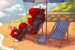 Size: 3000x2000 | Tagged: safe, artist:dereketto, derpibooru import, oc, oc:rose regalia, unofficial characters only, pony, unicorn, bag, beach, beach chair, beach umbrella, bucket, chair, cloud, high res, image, png, sandcastle, shadow, sky, solo, stone, stretching, umbrella
