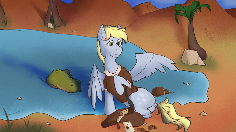 Size: 1920x1080 | Tagged: safe, artist:dvfrost, derpibooru import, crocodile, pegasus, pony, bag, clothes, comic, commission, crash, desert, disoriented, food, i just don't know what went wrong, image, letter, mail, mailmare, mailmare uniform, muffin, oasis, palm tree, partially submerged, png, predator vs prey, saddle arabia, sand, scrunchy face, stalker, stalking, swimming, this will end in tears, tree, uniform, water, watering hole, wings