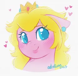 Size: 1280x1256 | Tagged: safe, artist:adostume, derpibooru import, ponified, pony, blushing, bust, colored, cute, ear piercing, earring, eyelashes, eyes open, female, heart, image, jewelry, jpeg, lipstick, mare, piercing, portrait, princess peach, simple background, sketch, smiling, solo, solo female, super mario bros., white background