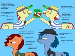 Size: 2000x1500 | Tagged: safe, artist:blazewing, derpibooru import, flam, flim, oc, oc:syntax, oc:tough cookie, unicorn, 2 panel comic, atg 2023, blue background, bowtie, box, brothers, clothes, comic, eyes closed, fedora, flim flam brothers, glasses, hat, image, jacket, magic, magic aura, male, newbie artist training grounds, png, raised hoof, siblings, simple background, smiling, talking, telekinesis, text, unimpressed, vest