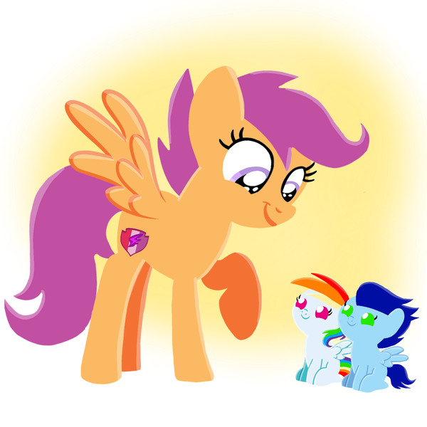 Size: 1400x1400 | Tagged: safe, artist:mlplary6, derpibooru import, scootaloo, oc, oc:blue skies, oc:speedy dash, pegasus, pony, aunt and nephew, baby, baby pony, colt, female, filly, foal, image, looking at each other, looking at someone, male, mare, newborn, newborn twins, offspring, parent:rainbow dash, parent:soarin', parents:soarindash, png, siblings, sitting, smiling, smiling at each other, teenager, twins