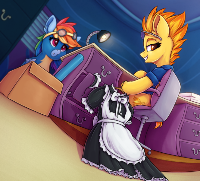 Size: 1094x988 | Tagged: safe, artist:zeepheru_pone, derpibooru import, rainbow dash, spitfire, pegasus, pony, atg 2023, box, chair, clothes, desk, door, female, image, lidded eyes, light, maid, maid headdress, mare, newbie artist training grounds, png, shirt, smiling, spitfire's office, uniform, wonderbolts uniform