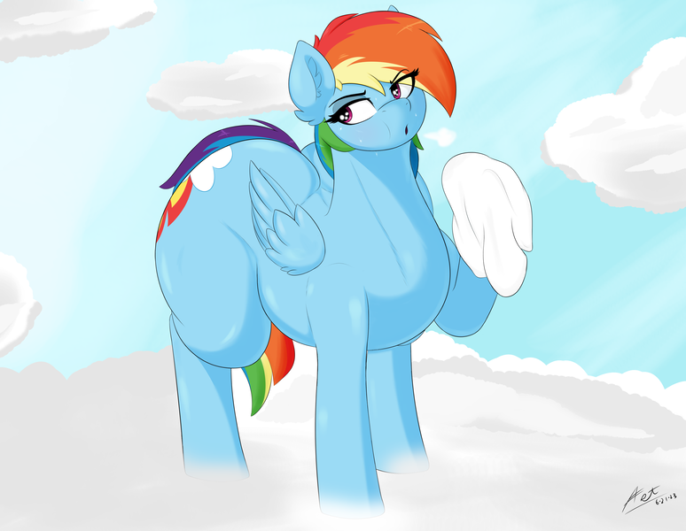 Size: 4000x3100 | Tagged: suggestive, artist:astrum, derpibooru import, rainbow dash, pegasus, pony, butt, chubby, cloud, cloudy, curvy, digital art, fat, female, flank, head tilt, high res, image, large butt, lidded eyes, looking sideways, on a cloud, plot, plump, png, rainblob dash, rainbutt dash, raised hoof, raised leg, sigh, sky, solo, solo female, standing on a cloud, sweat, the ass was fat, thicc thighs, thick, thighs, thunder thighs, towel, voluptudash, wide hips